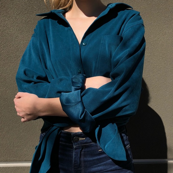 suede turquoise silk interior button down blouse - Picture 4 of 4